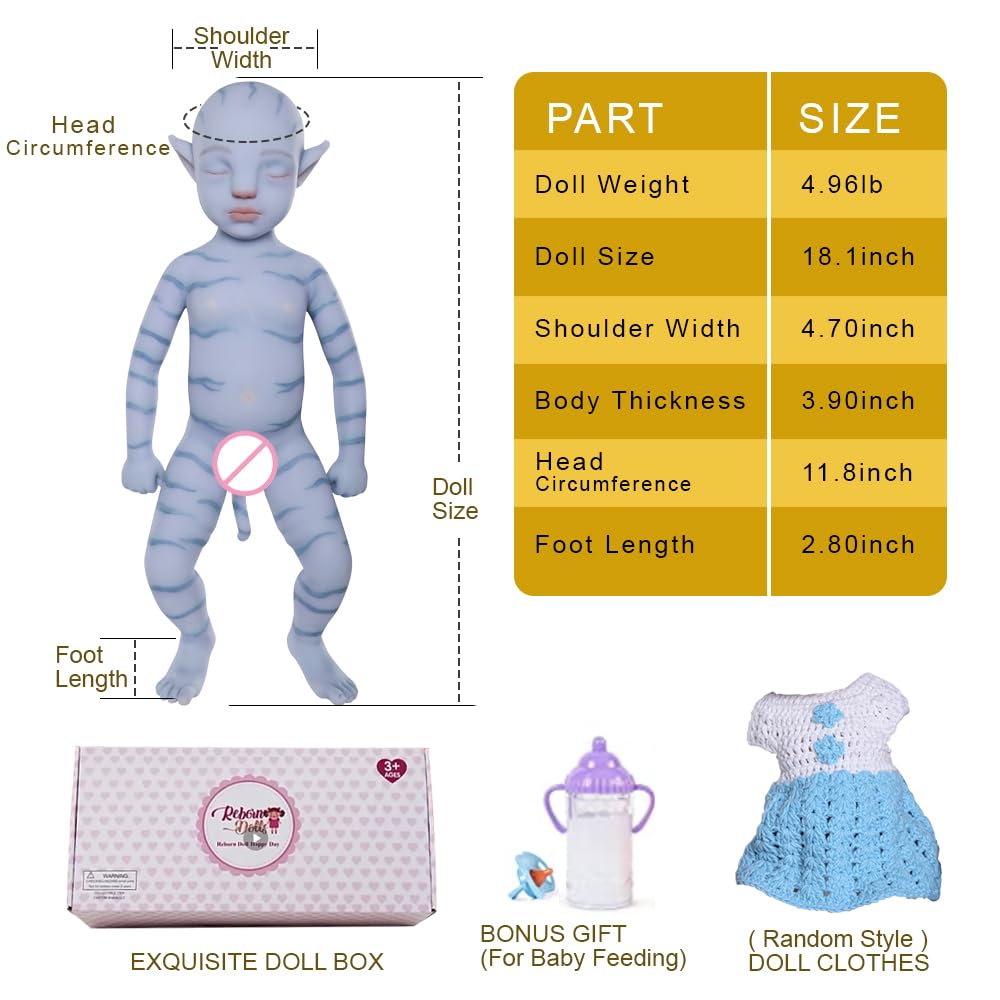 46cm Full Silicone Reborn Baby Doll Blue Avatar Silicone Baby Doll Looks Real Baby Doll (Girl)