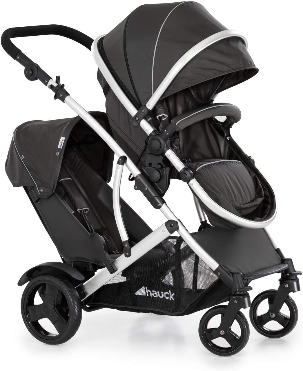 Duett 2, Black - Baby & Toddler Tandem Pushchair with Raincover, Carrycot Convertible to Reversible Seat from Birth up to 15 kg & Second Seat from 6 Months, Compact & Foldable, Height-Adjustable