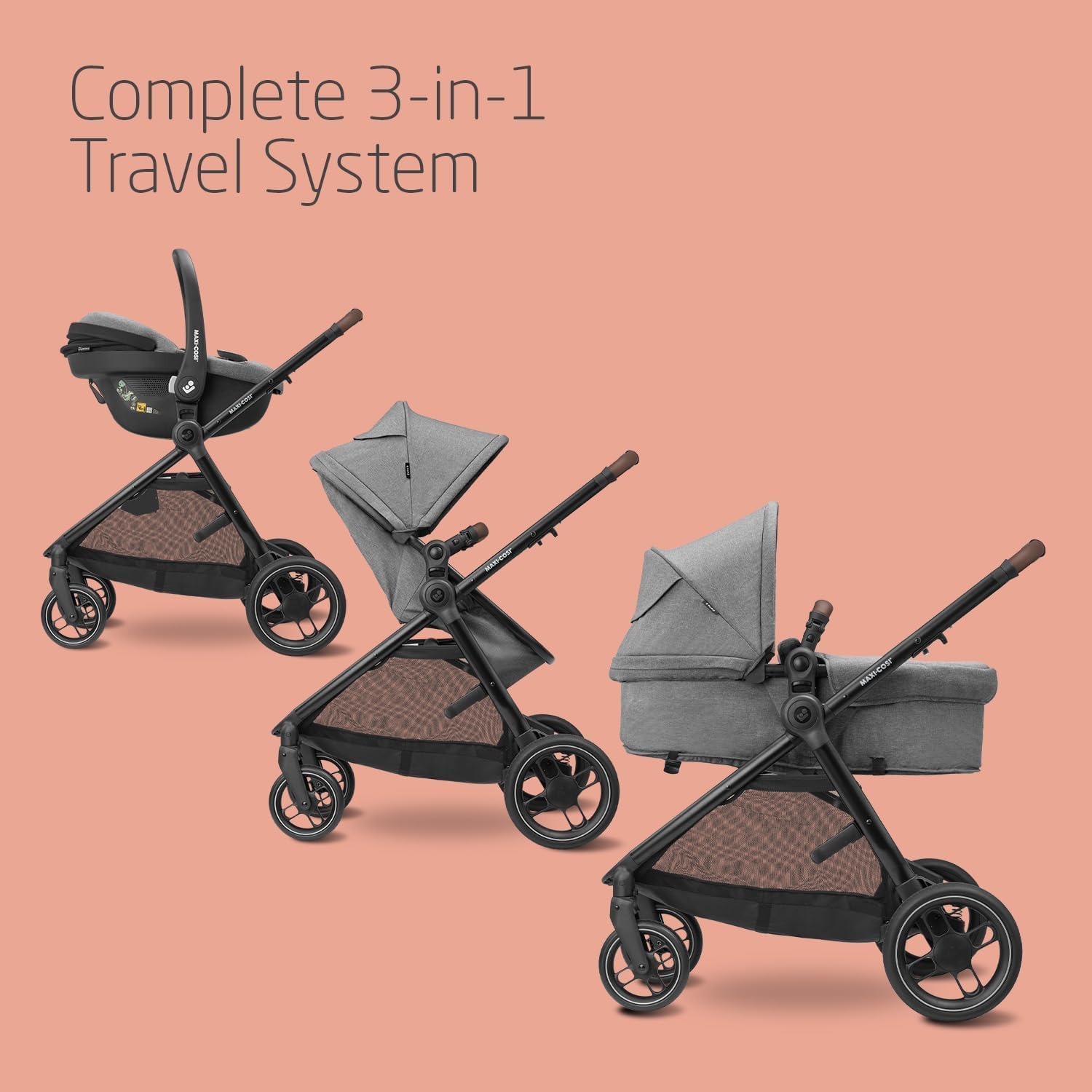 Zelia S Trio 3-in-1 Prams Travel System, 0 - 4 Years, Up to 22 kg, Foldable, Compact and Reclining Baby Pushchair, with CabrioFix S i-Size Baby Car Seat, Accessories, Nursery Bag, Grey